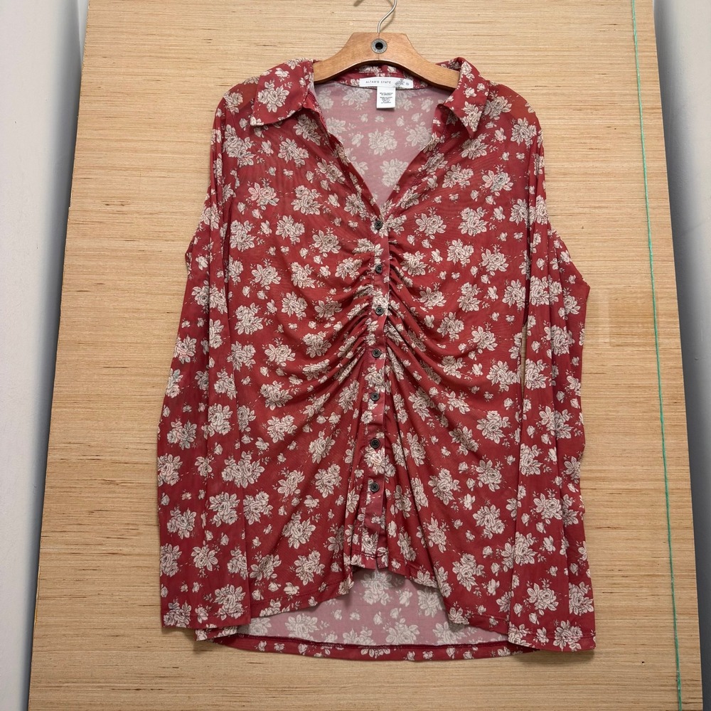 Altar'd State Rust Red Floral Ruched Mesh Button Front‎ Top XL A2136M629JI
